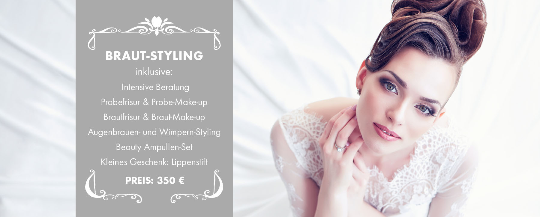 Braut Styling bei Salon Stress in Leipzig, inklusive Beratung, Probefrisur und Probe-Make-up, Brautfrisur und Braut-Make-up, Augenbrauen und Wimpernstyling, Beauty-Ampullen-Set, Lippenstift